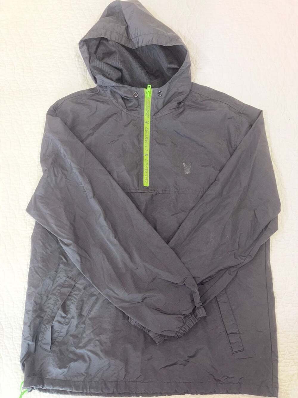 Playboy by PacSun Men’s Large Black Hooded Windbreaker Anorak Jacket Neon Green